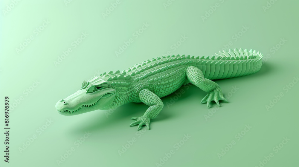 A green crocodile model poised on a mint-colored background, showcasing intricate details suitable for educational uses.