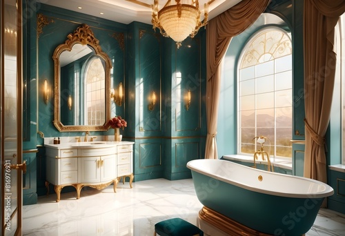 Large Bathroom in Luxury Home with marble and royal work and warm lighting along different matellic colours paint on the walls view from the window of evening photo