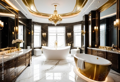 Large Bathroom in Luxury Home with marble and royal work and warm lighting along different matellic colours paint on the walls view from the window of evening