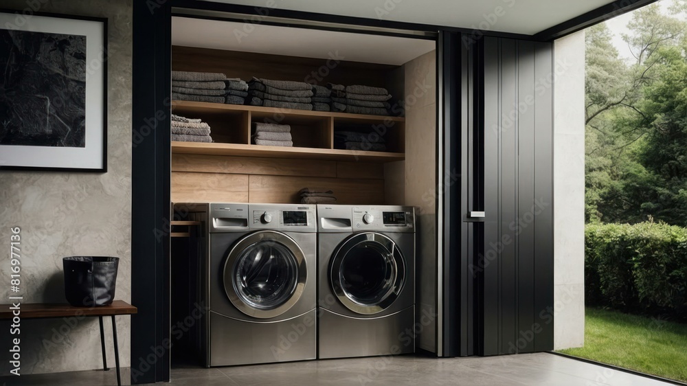 A laundry room with folding doors concealing a washer, modern and organized living concept A laundry room with folding doors concealing a washer, modern and organized living concept