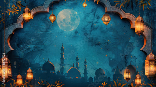islamic greeting eid ul adha ramadan kareem and eid mubarak card design background with lanterns , lamps and lights	
