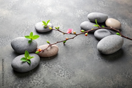 Spa stones with palm branch on grey background. Spa concept