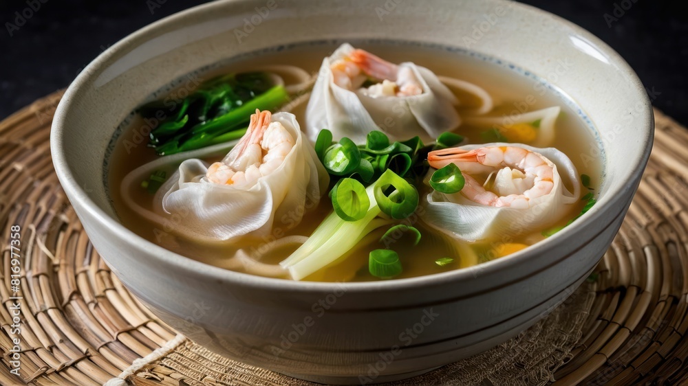 A bowl of savory wonton soup with shrimp and green onions in clear broth A bowl of savory wonton soup with shrimp and green onions in clear broth