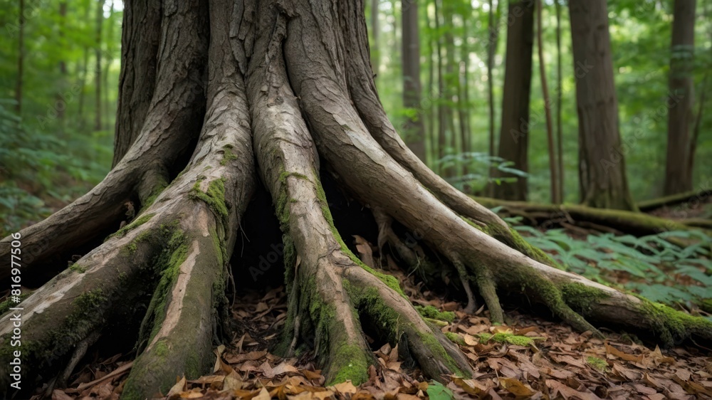 A gnarled tree root protrudes from the forest floor in a serene, moss covered woodland A gnarled tree root protrudes from the forest floor in a serene, moss covered woodland