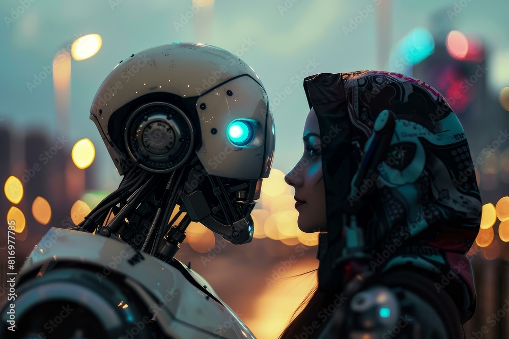 Closeup of a woman and robot gazing at each other, symbolizing the humanai relationship Closeup of a woman and robot gazing at each other, symbolizing the humanai relationship