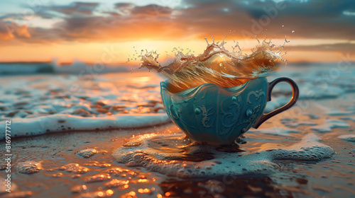 a blue glass cup filled with twirling cyclone style water art , illustration on beach side on sand , sunset view in blur background  photo