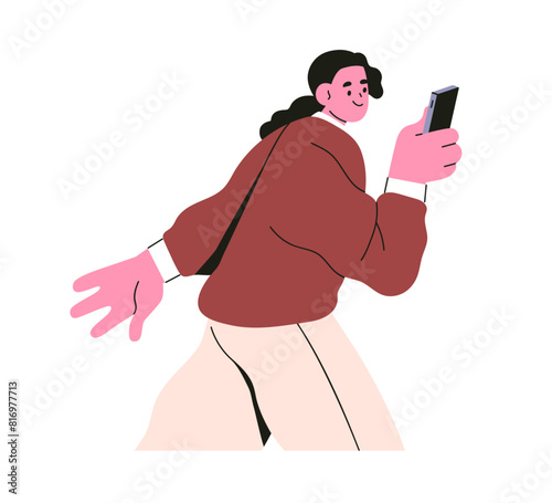 Woman using mobile phone on the go. Girl holding smartphone, looking, reading. Happy person walking with cellphone in hand, surfing internet. Flat vector illustration isolated on white background