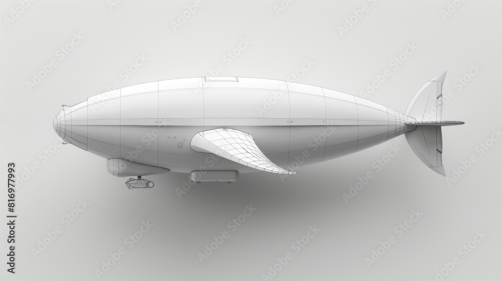 Conceptual design of a futuristic airship in a white void, showcasing sleek, streamlined engineering.