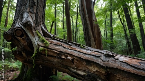 A dead tree with peeling bark lies in a lush, green forest