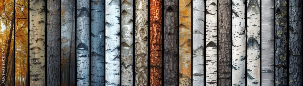 A row of trees with different colors and textures A row of trees with different colors and textures