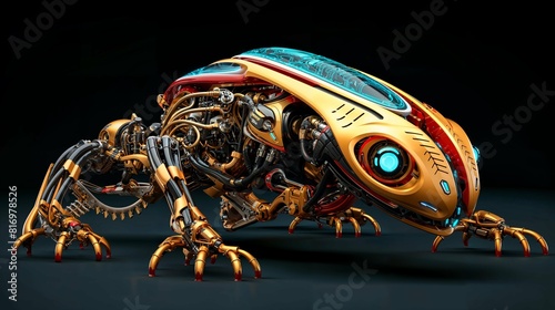 Futuristic mechanical frog with gold and blue components, intricate robotic design, and a dark background.