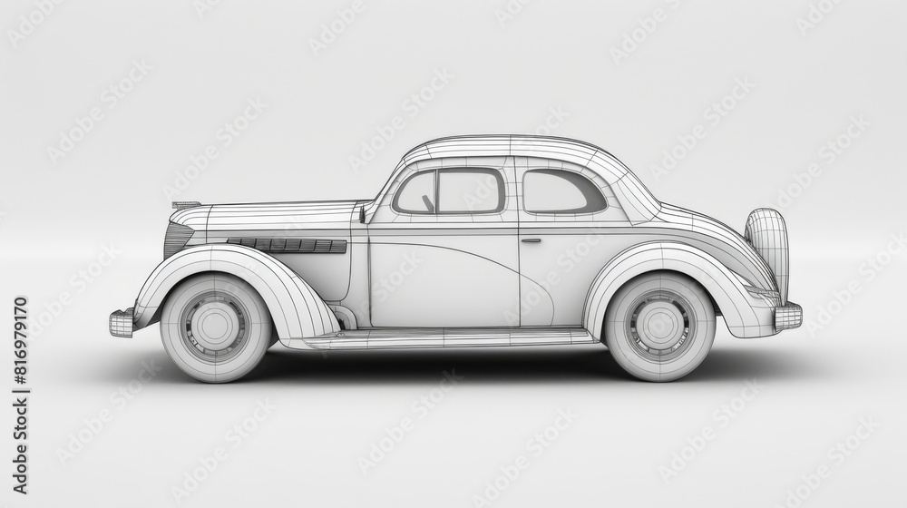 Black and white image of a 3D wireframe model of a vintage car, showcasing intricate design details. Black and white image of a 3D wireframe model of a vintage car, showcasing intricate design details.