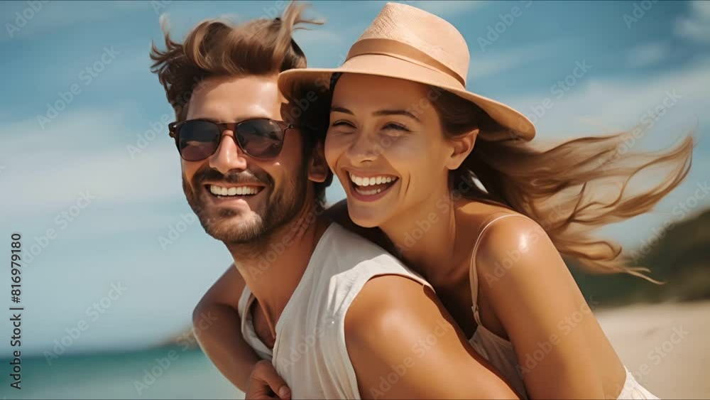 Portrait of smiling young couple on tropical beach , Summer , Holiday travel concept Portrait of smiling young couple on tropical beach , Summer , Holiday travel concept