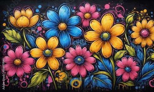 Graffiti blue  yellow and pink flowers. Drawing on the wall. Paint