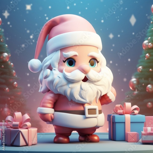 3D rendering of Santa Claus with gift boxes in pastel pink and blue colors