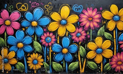 Graffiti blue, yellow and pink flowers. Drawing on the wall. Paint