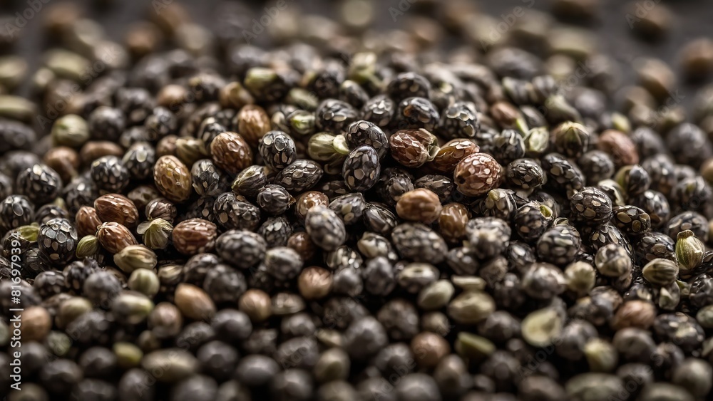 Close up of chia seeds showcasing their small, detailed texture and variety Close up of chia seeds showcasing their small, detailed texture and variety