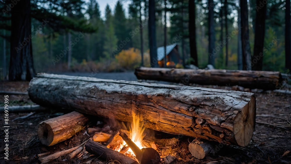A weathered log sits by a campfire ready to provide warmth A weathered log sits by a campfire ready to provide warmth