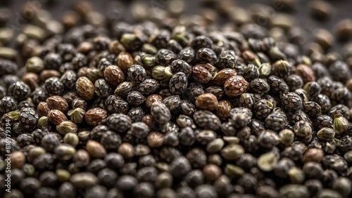 Close up of chia seeds showcasing their small, detailed texture and variety © sitifatimah