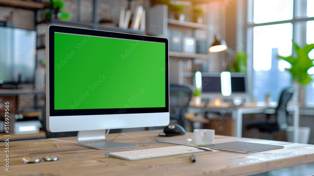 Modern workspace with a desktop computer featuring a green screen, keyboard, mouse, coffee cup, and various office supplies on a wooden desk. Modern workspace with a desktop computer featuring a green screen, keyboard, mouse, coffee cup, and various office supplies on a wooden desk.