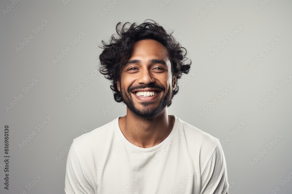 Portrait of a joyful indian man in his 20s smiling at the camera in front of soft gray background Portrait of a joyful indian man in his 20s smiling at the camera in front of soft gray background