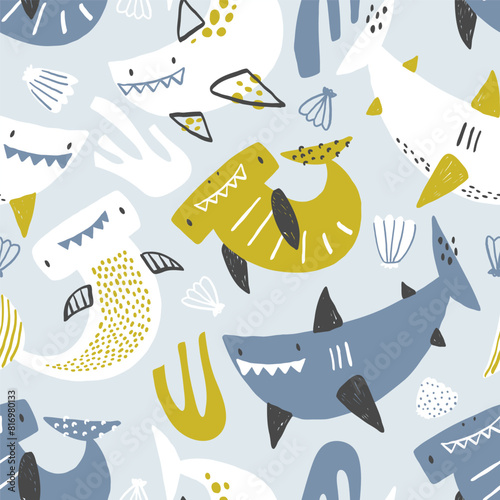 Vector seamless pattern with cute sharks, seaweed and shells on blue background. Funny smiling sharks. Sea, ocean, sea inhabitants. Children's texture with sharks. Funny animals sketch.