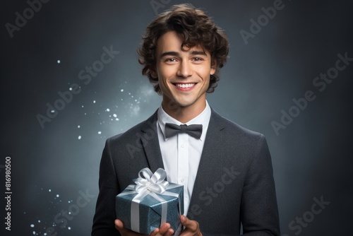 Portrait of a grinning man in his 20s holding a gift isolated in soft gray background