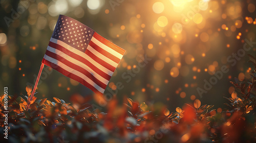 Close up of waving national USA flag on nature background. Memorial Day, 4th of July independence day, Old textile flag of USA as a patriotic background. Generative AI Illustrations. photo