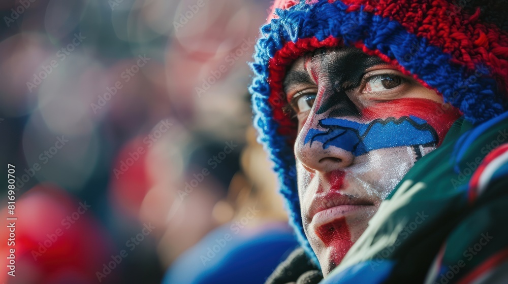 A lone fan, their face painted in team colors, A lone fan, their face painted in team colors,