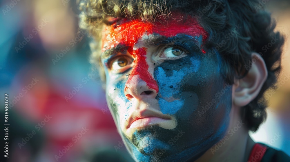 A lone fan, their face painted in team colors, A lone fan, their face painted in team colors,