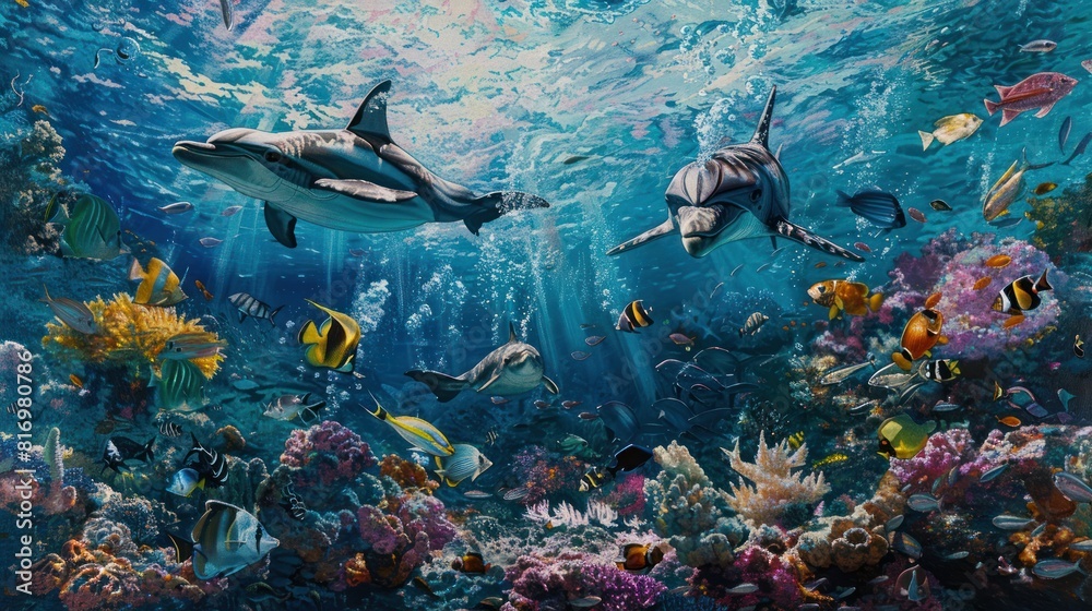Fototapeta premium underwater scene of a vibrant coral reef teeming with colorful fish, playful dolphins, 