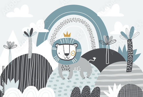 Vector children cute lion king and rainbow illustration in scandinavian style. Mountain landscape, clouds. Children's tropical wallpaper. Jungle, children's room design, wall decor. King.