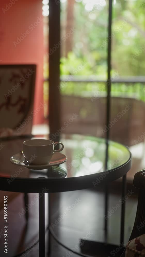 A cozy setting featuring a ceramic coffee cup on a glass table, invoking a sense of tranquility and relaxation indoors. A cozy setting featuring a ceramic coffee cup on a glass table, invoking a sense of tranquility and relaxation indoors.