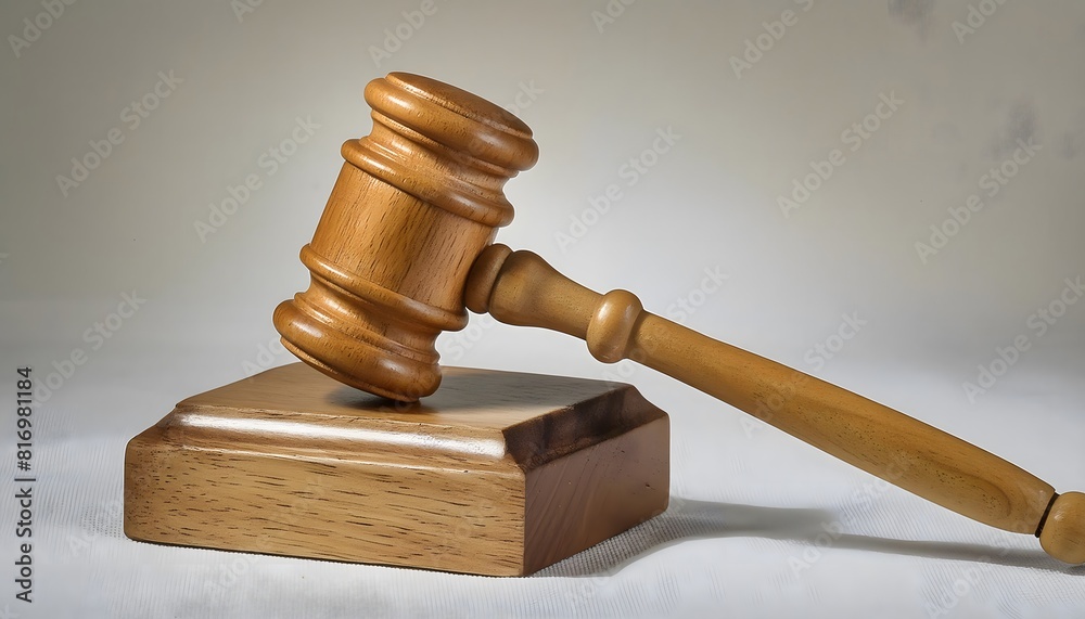 A realistic 3D model of a wooden judge's gavel resting on a sound block, in a white background A realistic 3D model of a wooden judge's gavel resting on a sound block, in a white background