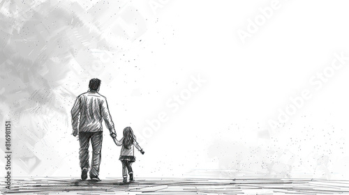 black and white rear view sketch of super dad or father and child, fathers day special	