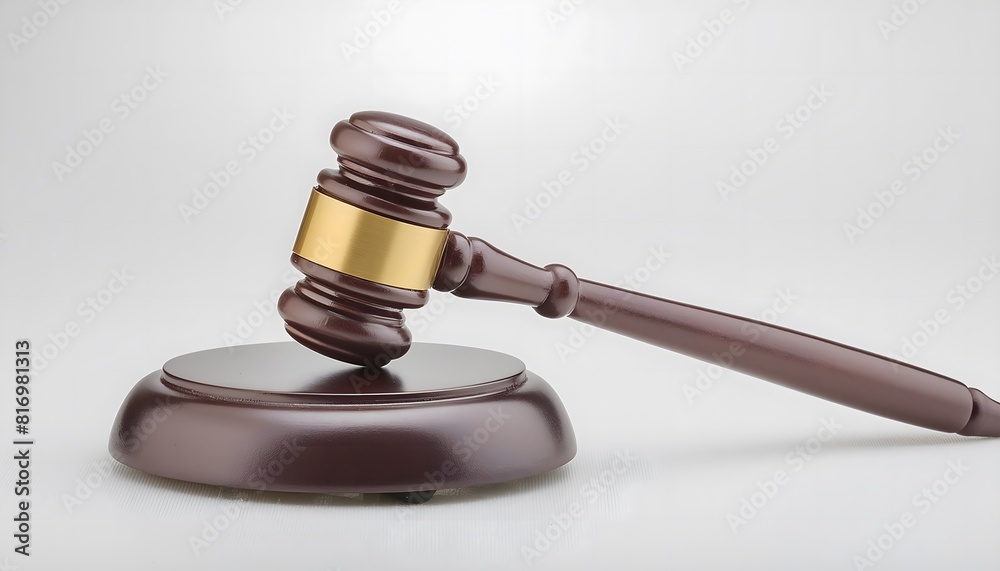 A realistic 3D model of a wooden judge's gavel resting on a sound block, in a white background A realistic 3D model of a wooden judge's gavel resting on a sound block, in a white background