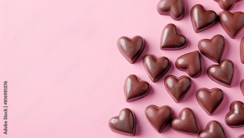 Heart shape chocolates over pink background flat layout with copy space for text