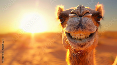 A camel with a bright white smile in a sunny desert scene, capturing the concept of happiness and warmth, close up on the camels grinning face, travel theme, whimsical, Double exposure, with a pastel photo
