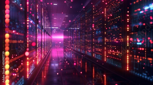 Glowing pink and red lights form a futuristic tunnel.