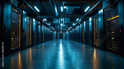 Rows of server racks with bright lights in a modern data center.