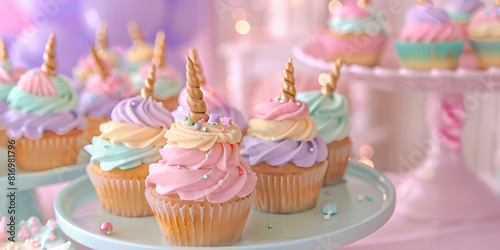 Unicorn themed birthday party dessert table. Pastel colored birthday cake  cupcakes and sweets decorated with unicorn accessories.