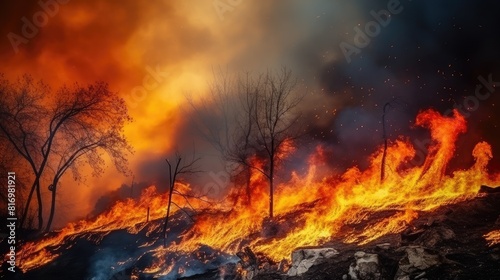 An apocalyptic scene of fire and smoke as a forest fire spreads uncontrollably, leaving a trail of destruction in its path.