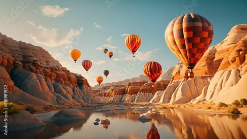 Group of air balloons flying tour over mountains at nature background photo