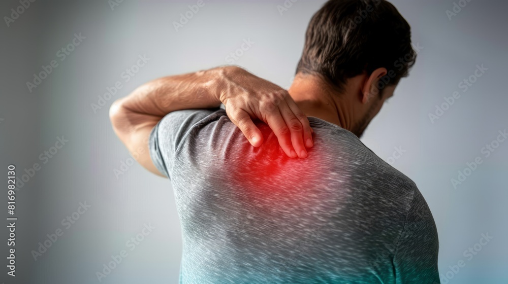 Naklejka premium A man is holding his shoulder in pain due to neck and arm health issues