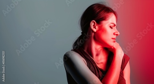 A woman with shoulder pain against on a grey background