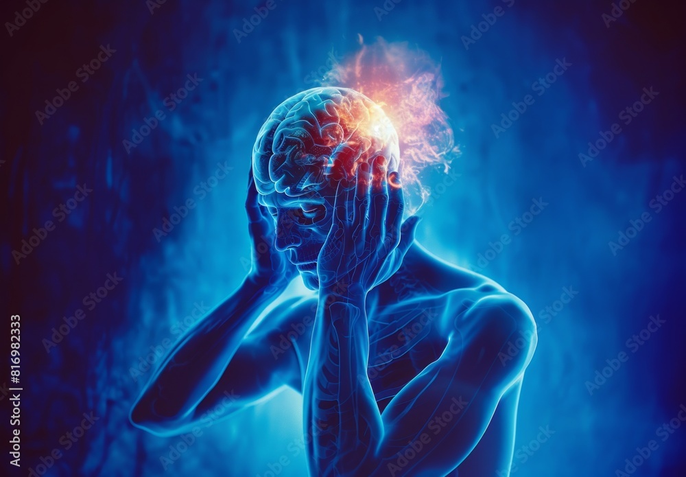A person with their hands on the side of their head holding it in pain and showing signs A person with their hands on the side of their head holding it in pain and showing signs