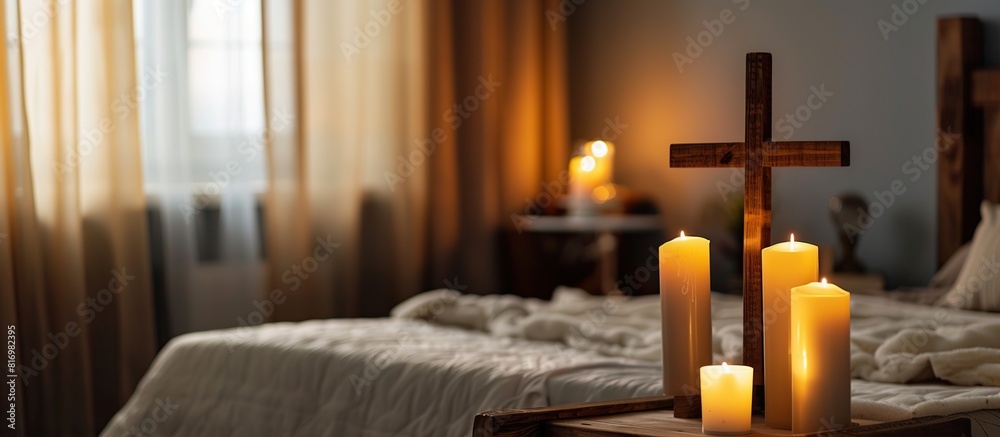 bedroom interior with wooden cross on the wall
