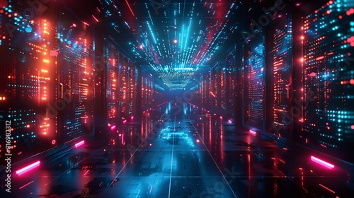 The image is a representation of a futuristic sci-fi datacenter tunnel with glowing red and blue neon lights and a blue glowing path in the center.