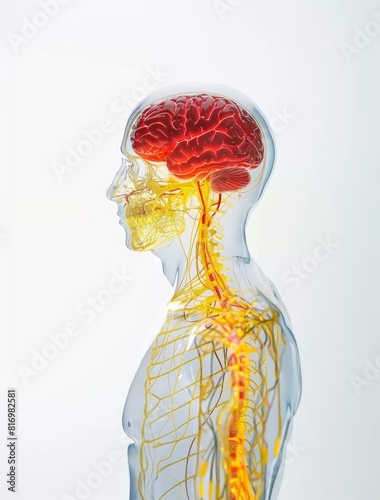 The human nervous system highlighting the glowing red brain and yellow spine against a white background