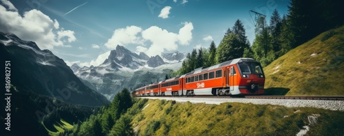 Picturesque scenery and train travel. Photo of a suburban passenger train. A locomotive pulls a passenger train along a winding road among the mountains.